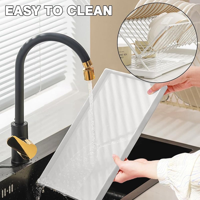 EqiEch Dish Drying Rack，Foldable White Stainless Steel Tableware Drain Rack，Storage Rack with Water Tray, Saves Space, Suitable for Sink Side Countertops - Image 3
