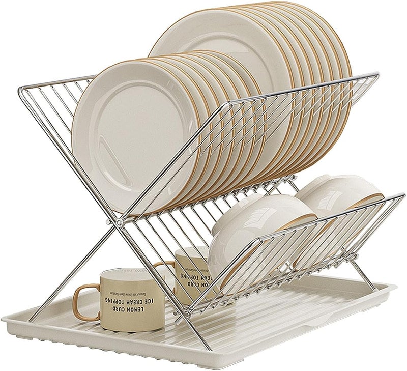 EqiEch Dish Drying Rack，Foldable White Stainless Steel Tableware Drain Rack，Storage Rack with Water Tray, Saves Space, Suitable for Sink Side Countertops - Image 1