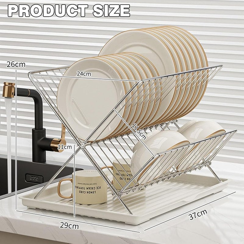 EqiEch Dish Drying Rack，Foldable White Stainless Steel Tableware Drain Rack，Storage Rack with Water Tray, Saves Space, Suitable for Sink Side Countertops - Image 5