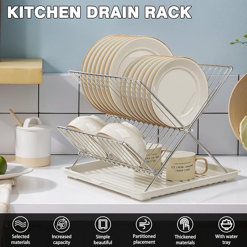 EqiEch Dish Drying Rack，Foldable White Stainless Steel Tableware Drain Rack，Storage Rack with Water Tray, Saves Space, Suitable for Sink Side Countertops - Image 2