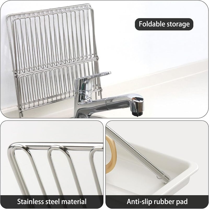 EqiEch Dish Drying Rack，Foldable White Stainless Steel Tableware Drain Rack，Storage Rack with Water Tray, Saves Space, Suitable for Sink Side Countertops - Image 4