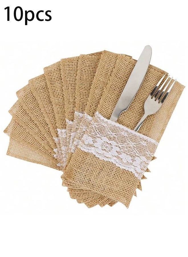 Ailily 10-piece spoon and knife holder set for decorating the dining table, made of burlap.  - Image 1