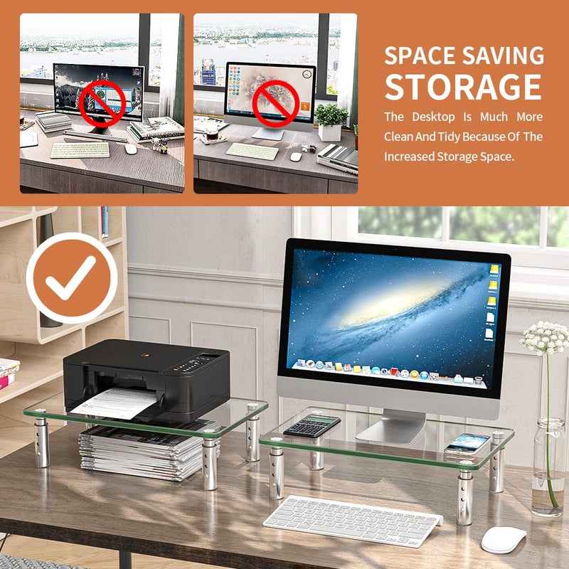 Hemudu 2 Pack Monitor Stand - 3 Adjustable Height Riser, Computer Stand, Desktop Organizer for PC, Laptop - Clear - Image 4