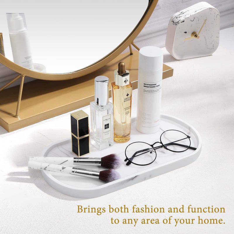 Luxspire Vanity Tray, Toilet Tank Oval Storage Tray, Resin Soap Tray Bathtub Tray, Bathroom Countertop Organization, Vanity Organizer for Candles, Soap, Towel, Plant, Medium, 11.4 Inch, Marble White - Image 5