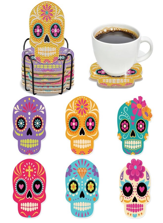 INCOK Sugar Skull Diamond Art Coasters - 6 PCS DIY Colorful Diamond Painting Coasters Kits Home Table Decor Art Craft Supplies The Day of Dead Día De Los Muertos Gift for Skull Lovers Mexicans - Image 1