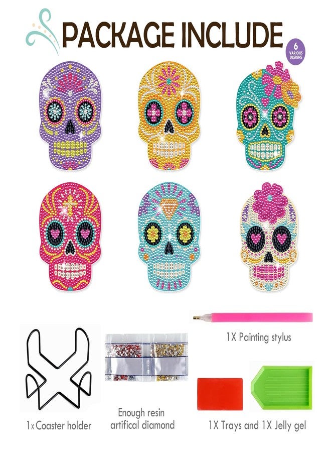 INCOK Sugar Skull Diamond Art Coasters - 6 PCS DIY Colorful Diamond Painting Coasters Kits Home Table Decor Art Craft Supplies The Day of Dead Día De Los Muertos Gift for Skull Lovers Mexicans - Image 4