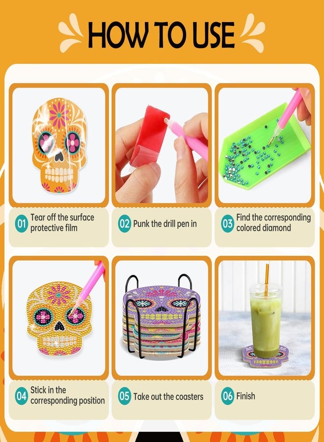 INCOK Sugar Skull Diamond Art Coasters - 6 PCS DIY Colorful Diamond Painting Coasters Kits Home Table Decor Art Craft Supplies The Day of Dead Día De Los Muertos Gift for Skull Lovers Mexicans - Image 3