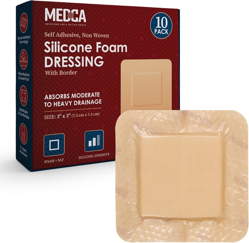 MEDca Silicone Foam Dressing w/Adhesive Border 3"x3" (Pack of 10) Waterproof Silicone Bandages for Wounds, Highly-Absorbent Wound Dressing Bandage Care for Bed Sore Bandages, Pressure Sores, Ulcers