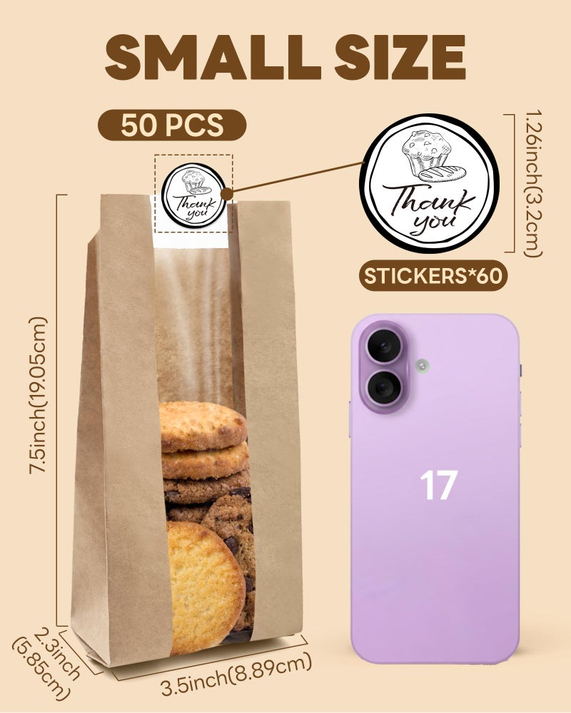 Bake Choice 50 PCS Small Cookie Bags with Seal, 3.5"x 2.3"x7.5" Kraft Brown Paper Bags with Stickers, Bakery Bag for Snack, Cupcake, Coffee Bean, Party Favor, Cookie Packaging - Image 2