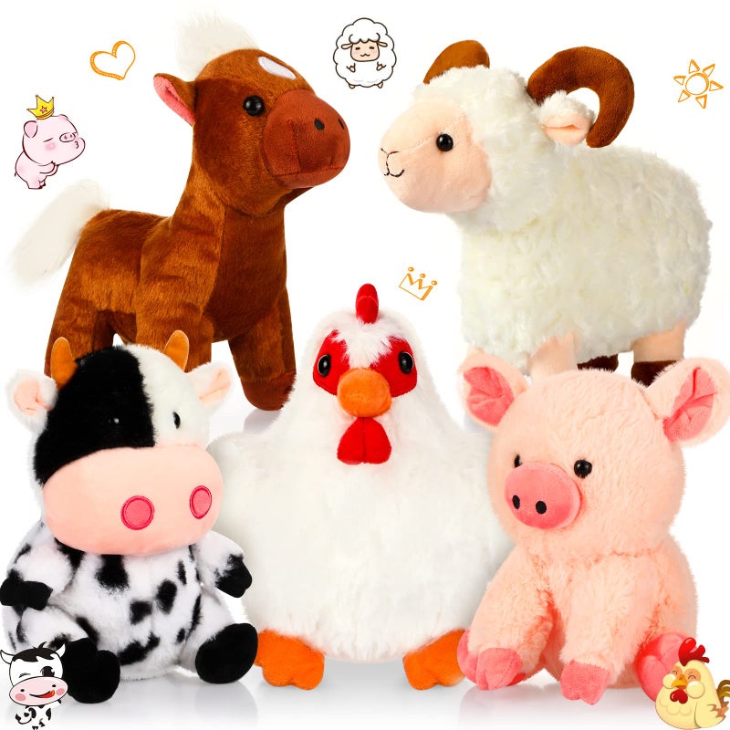 Skylety 5 Pack Farm Plush Animals Set 10 Inches Farm Stuffed Animals Barnyard Stuffed Toys Soft Pig Rooster Horse Sheep Cow Plush Toy for Birthday Party Favor Operation Christmas Items - Image 1