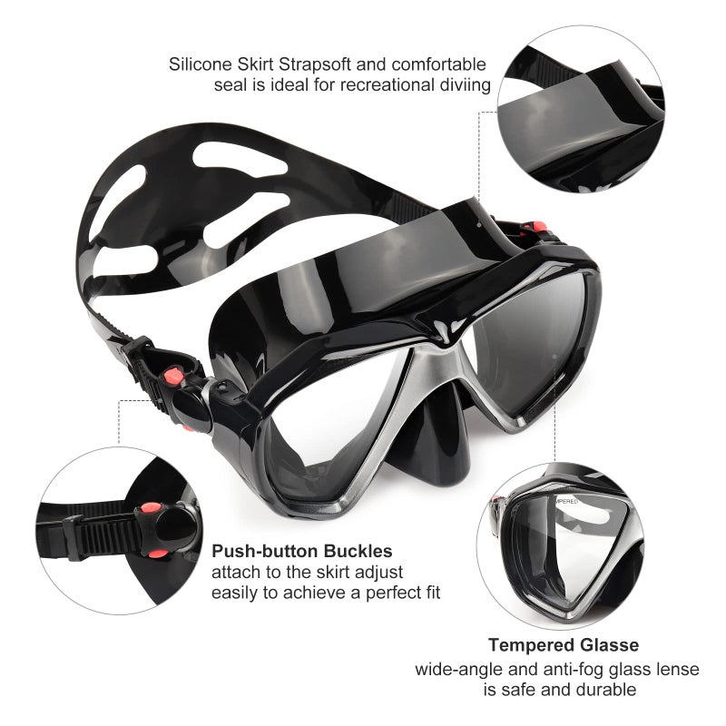 EXP VISION قناع الغوص تحت الماء بانورامي HD، نظارات الغوص المضادة للضباب، قناع الغوص الزجاجي المقسى للبالغين والشباب مع غطاء للأنف للغوص، الغطس، السباحة (A-أسود) - Image 3
