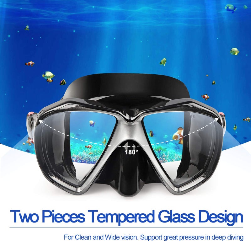 EXP VISION قناع الغوص تحت الماء بانورامي HD، نظارات الغوص المضادة للضباب، قناع الغوص الزجاجي المقسى للبالغين والشباب مع غطاء للأنف للغوص، الغطس، السباحة (A-أسود) - Image 2