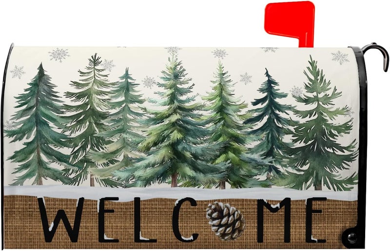 Farg Winter Welcome Pine Tree Mailbox Covers Magnetic Xmas Snow Snowflake Mailbox Cover 21" X 18" Waterproof Mail Box Covers Magnetic Standard Size for Yard Home Decor - Image 1