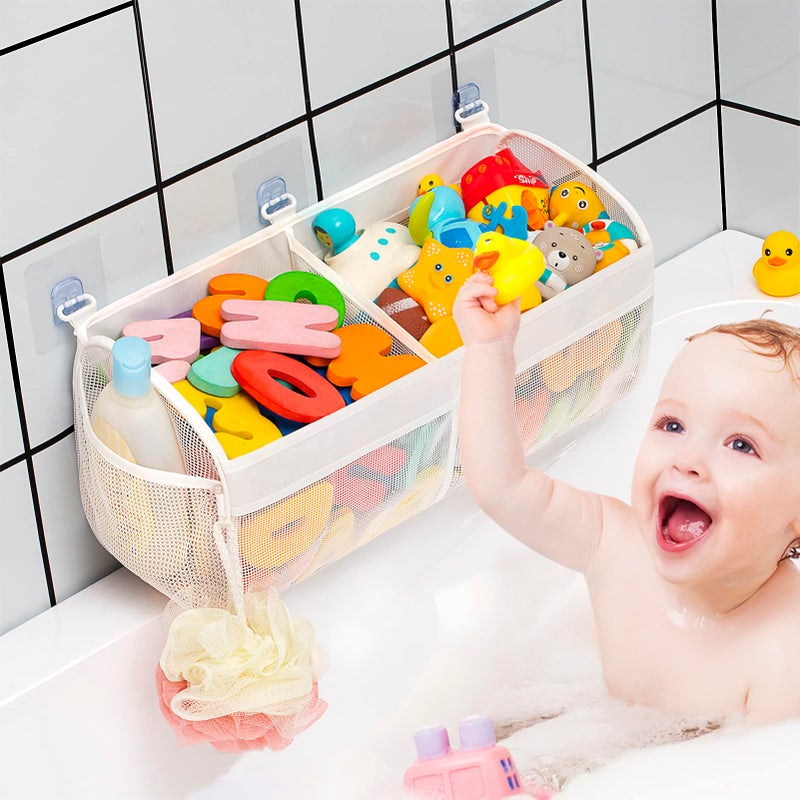 Austion Original Two Compartment Easy-access Mesh Bath Toy Organizer for Bath Tub with Large Openings Quick Drying Cute Toddler Bath Toy Storage Holder for Baby - Image 1