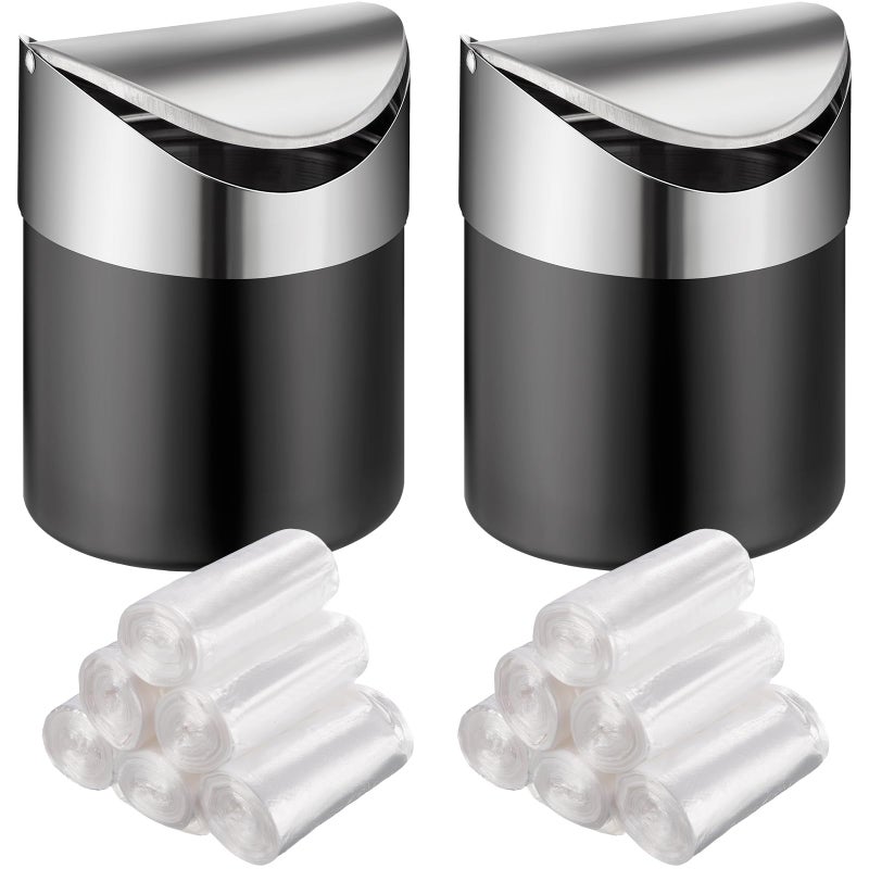 Yiyiring 2 Pcs Desk Trash Can with Swing Lids 12 Rolls of Trash Bags 2L Brushed Stainless Steel Countertop Garbage Bin Small Wastebasket with Lid for Office Desk Coffee TableMatte Black