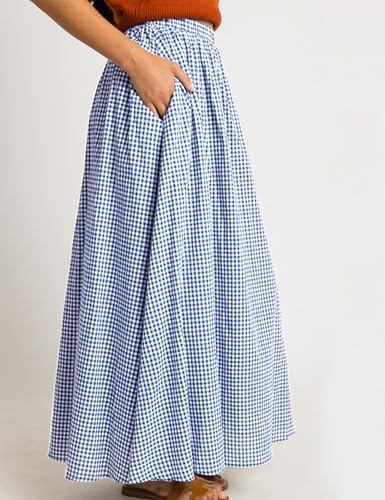 HangNiFang Summer Long Plaid Maxi Skirt for Women Elastic Pleated A-Line Gingham Skirt with Two Pockets(1301-Blue-S) - Image 3
