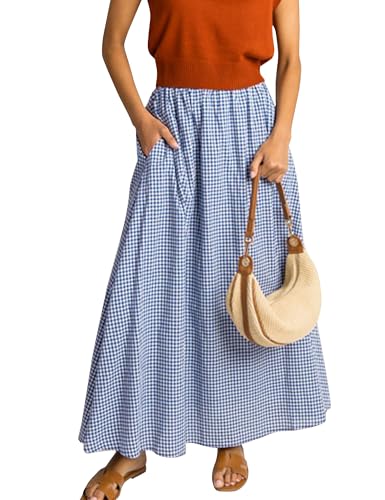 HangNiFang Summer Long Plaid Maxi Skirt for Women Elastic Pleated A-Line Gingham Skirt with Two Pockets(1301-Blue-S) - Image 5