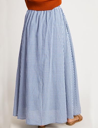 HangNiFang Summer Long Plaid Maxi Skirt for Women Elastic Pleated A-Line Gingham Skirt with Two Pockets(1301-Blue-S) - Image 4