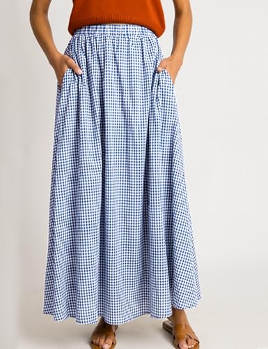 HangNiFang Summer Long Plaid Maxi Skirt for Women Elastic Pleated A-Line Gingham Skirt with Two Pockets(1301-Blue-S) - Image 2