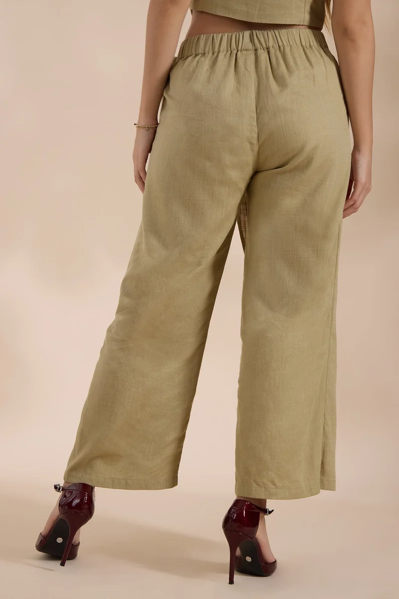 Virgio Olive Solid Linen Overlap Olive Tie-Up Pant for Women for Women | Best Price UAE