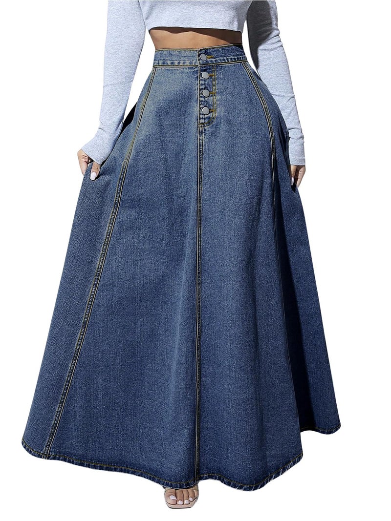 ebossy Womens Retro High Waisted Button Fly Flared Long Jean Skirts Pleated Flowy Swing Aline Denim Maxi Skirts XXL Dark Blue