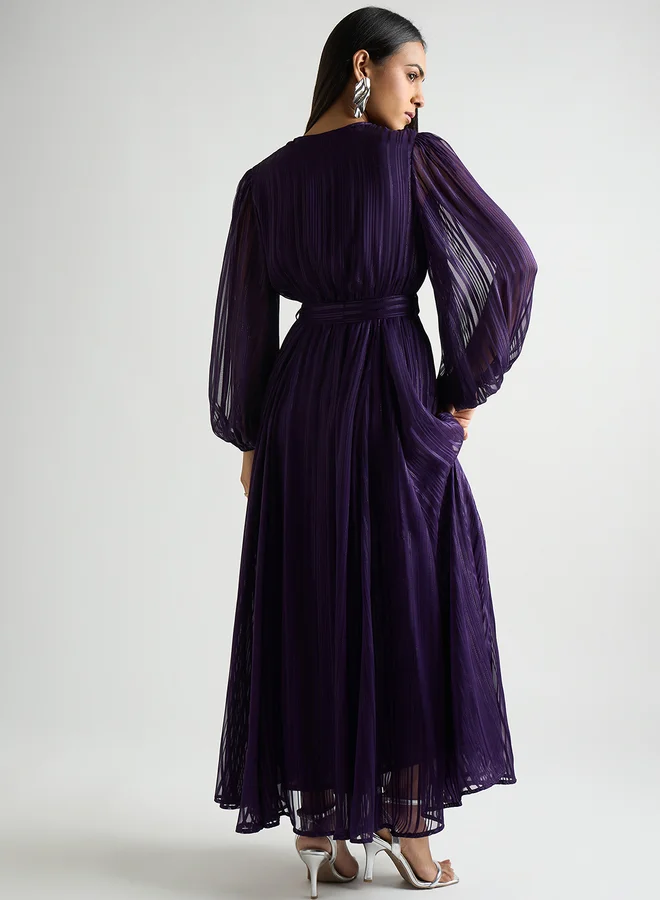 Femmella Women Deep Purple Balloon Sleeve Wrap Maxi Dress