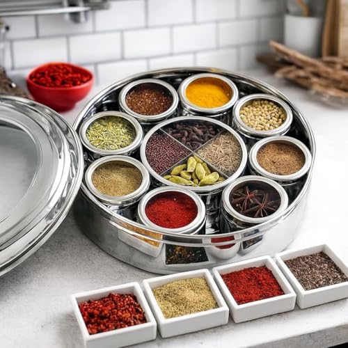 VISAXMI Stainless Steel 12 in 1 Masala Box for Kitchen With See Through Lid | Airtight Spice Box | 8 Small Jars 1 Middle Container With 4 Partitions (2500ml, Silver) - Image 1