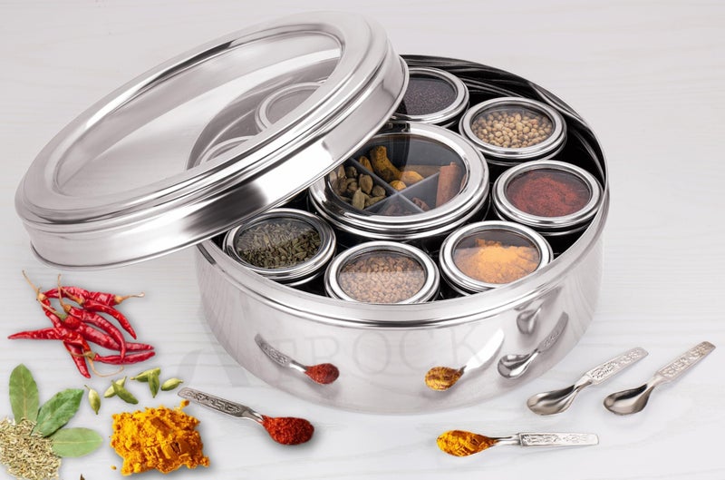 VISAXMI Stainless Steel 12 in 1 Masala Box for Kitchen With See Through Lid | Airtight Spice Box | 8 Small Jars 1 Middle Container With 4 Partitions (2500ml, Silver) - Image 4