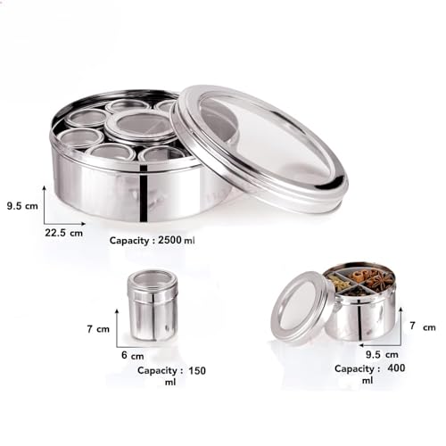 VISAXMI Stainless Steel 12 in 1 Masala Box for Kitchen With See Through Lid | Airtight Spice Box | 8 Small Jars 1 Middle Container With 4 Partitions (2500ml, Silver) - Image 2