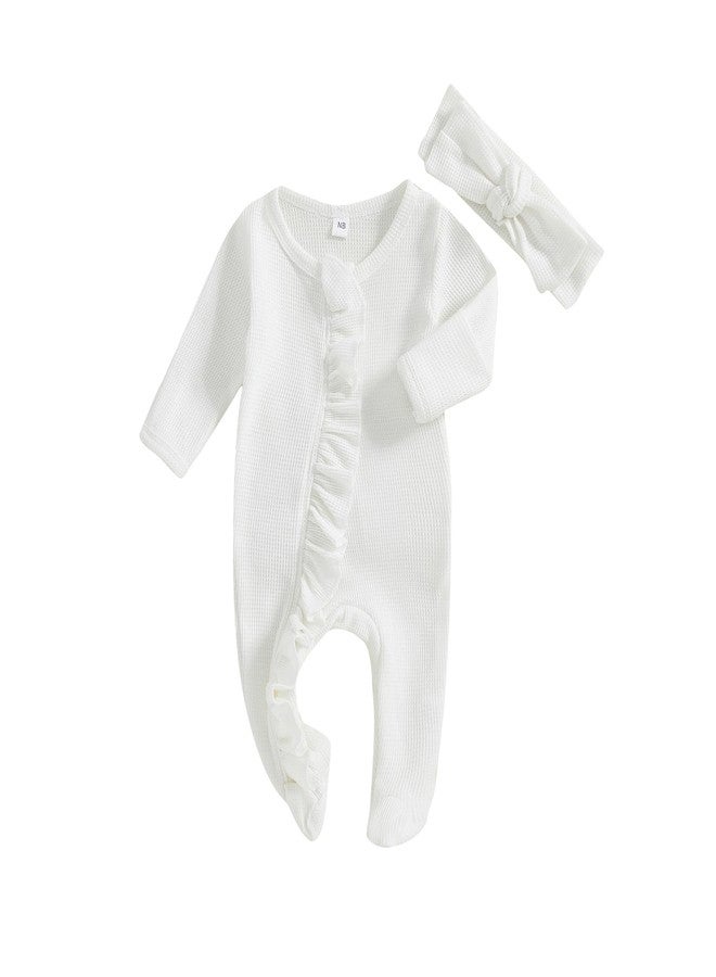 Ayalinggo Newborn Baby Romper Infant Girl One-piece Outfit Waffle Ruffle Zip Footie Spring Summer Clothes With Bow Headband White Newborn - Image 1