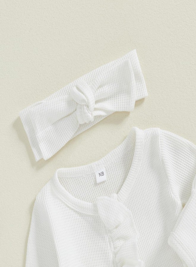 Ayalinggo Newborn Baby Romper Infant Girl One-piece Outfit Waffle Ruffle Zip Footie Spring Summer Clothes With Bow Headband White Newborn - Image 2