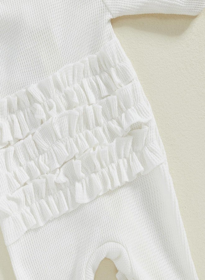 Ayalinggo Newborn Baby Romper Infant Girl One-piece Outfit Waffle Ruffle Zip Footie Spring Summer Clothes With Bow Headband White Newborn - Image 5