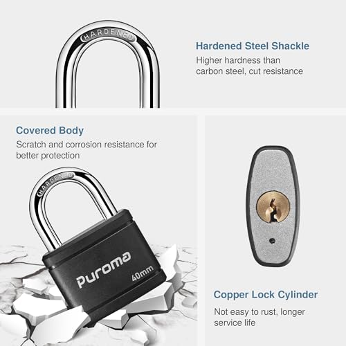 Puroma Keyed Padlock with 2 Keys Alike, 1.1 Inch Locker Lock 40mm Heavy-Duty Locks for Gate Fence Hasp Cabinet Toolbox School Gym Locker (Black) - Image 3