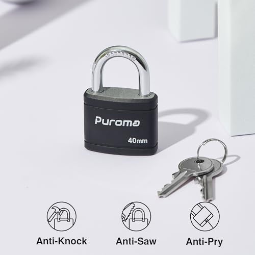 Puroma Keyed Padlock with 2 Keys Alike, 1.1 Inch Locker Lock 40mm Heavy-Duty Locks for Gate Fence Hasp Cabinet Toolbox School Gym Locker (Black) - Image 5