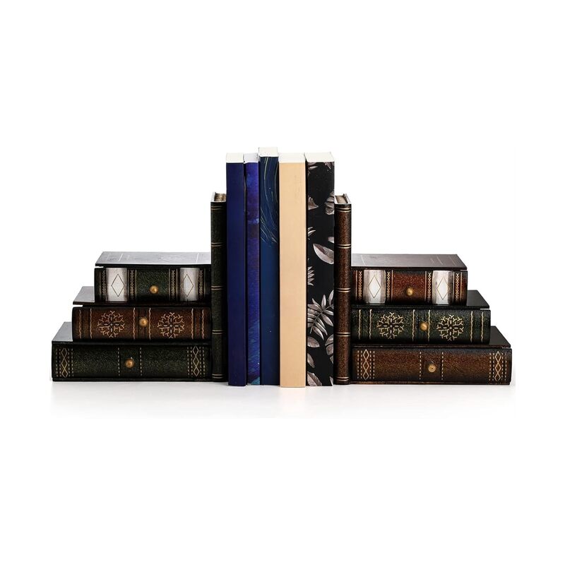 قطعتان من مساند الكتب الخشبية المزخرفة بتصميم عتيق، منظم كتب خشبي أنيق، رف كتب وهمي، مساند كتب مرتبة للمكتب أو المكتبة أو غرفة الدراسة - Image 3