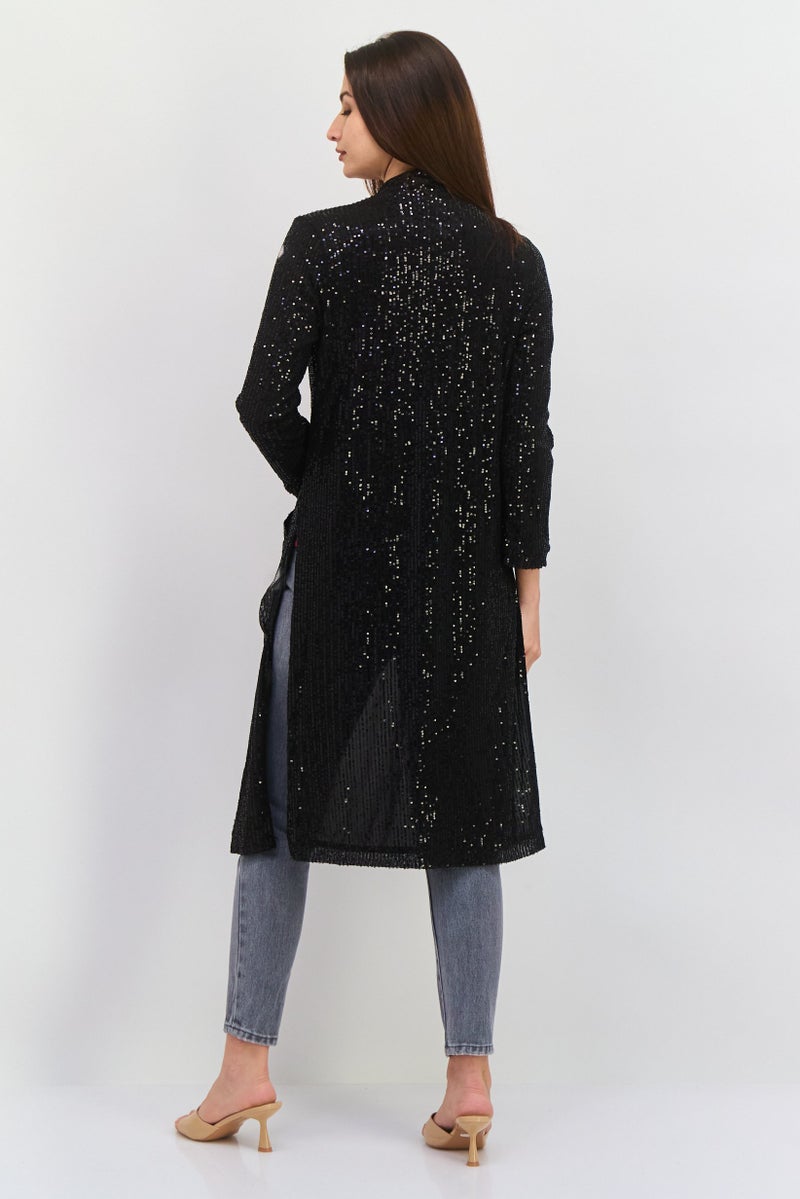 Black Tape كارديغان نسائي بأكمام طويلة وشبكة مزخرفة مفتوح من الأمام، أسود - Image 4