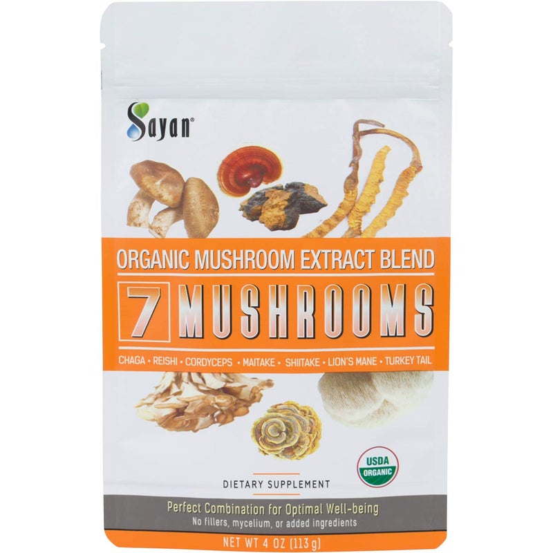 Sayan 7 Mushrooms USDA Organic Extract Powder Blend Supplement 4 oz 113g Chaga Reishi Cordyceps Maitake Shiitake Lions Mane and Turkey Tail No Fillers Add to Coffee or Tea Fruiting Body