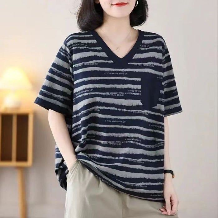 Summer Plus Size Striped Stylike Short-Sleeved Women'S V-Neck Casual All-Match Loose Flesh Covering Elegant T-Shirt For Women - Image 1