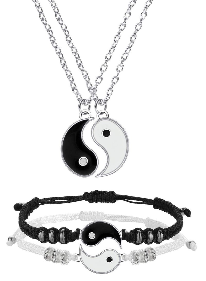Yin Yang Friend or Couple Bracelet with Necklace Set, 2 Pieces Matching Yin Yang Adjustable Cord Bracelet, 2 Pieces Yin Yang Couple Pendant Necklace Chain for Friendship Boyfriend Girlfriend - Image 1