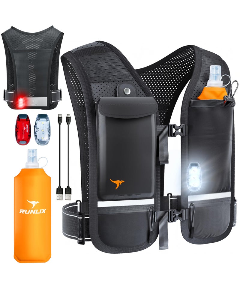 RUNLIX Running Vest for Women Men - Reflective Running Hydration Vest with 500ml Soft Water Bottle, Phone Holder, 2 LED Lights USB Rechargeable - 7 Pockets Runners Backpack Trail Jogging Marathon - Image 1