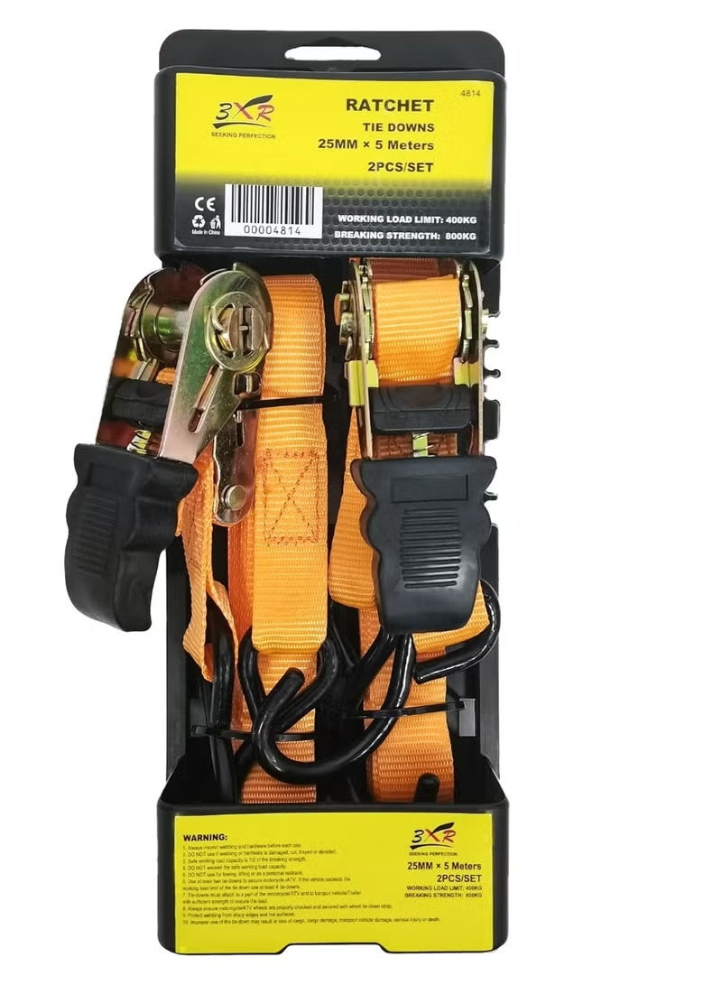 3XR 2 Pcs Ratchet Tie Down Ratchet Strap Lashing Belt 25mm X 5 Meter Working Load 400kg Breaking Strength 800kg - Image 1