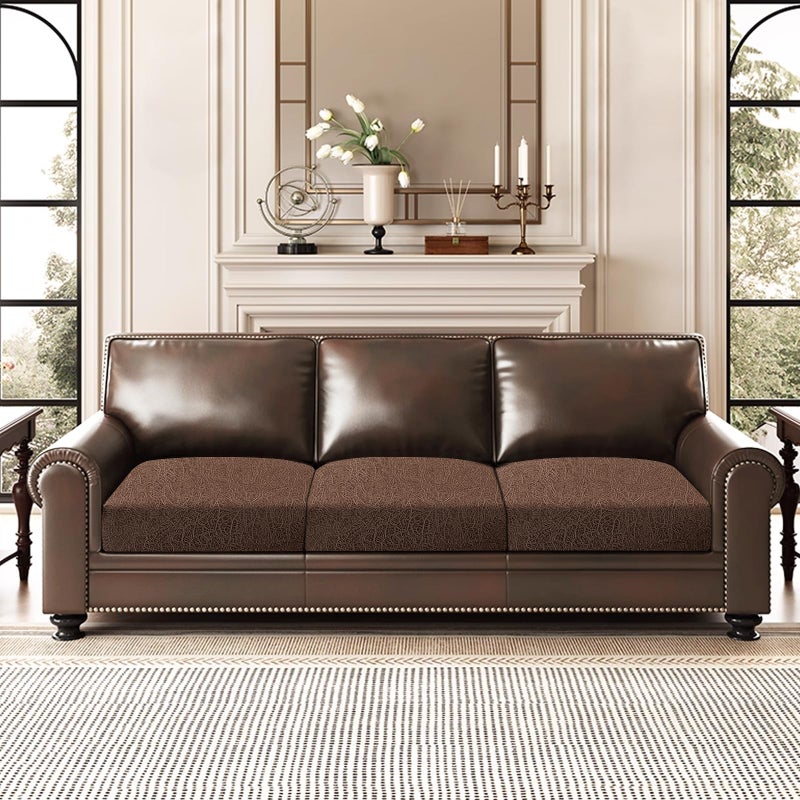 ANARACHON Leather Look Couch Cushion Covers Sofa Seat Slipcovers Sets Couches Furniture Protector for Sectional Armchair Loveseat Pets Kids Stretch Spandex Fabric (3 Cushion Sofa, Brown) - Image 2