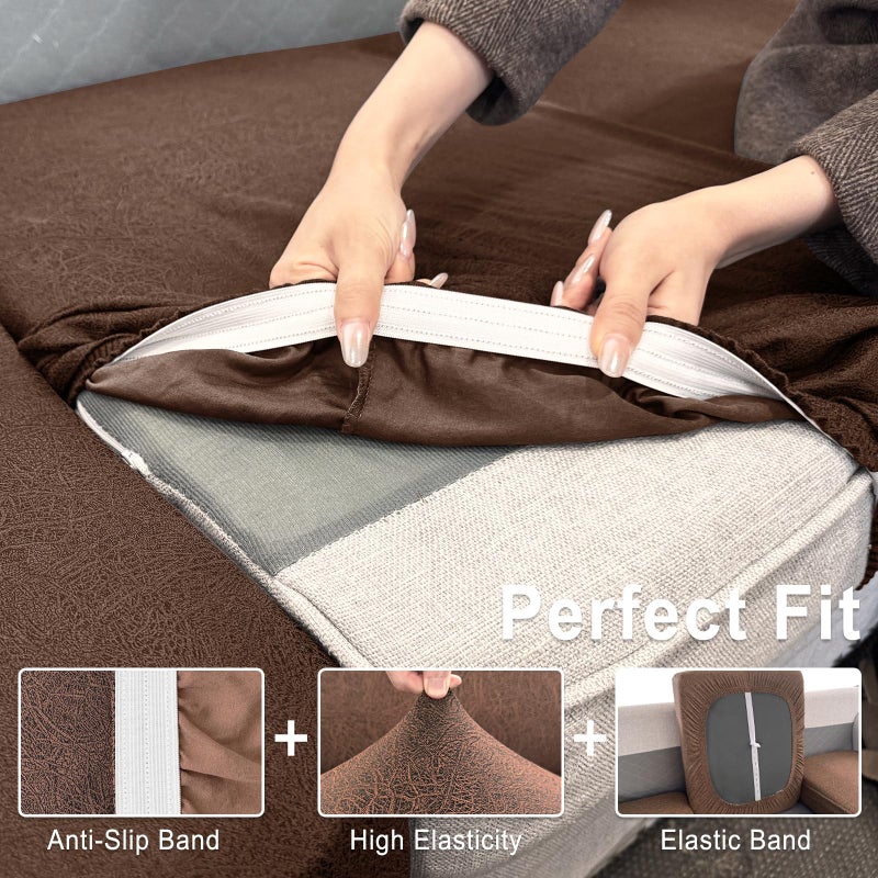 ANARACHON Leather Look Couch Cushion Covers Sofa Seat Slipcovers Sets Couches Furniture Protector for Sectional Armchair Loveseat Pets Kids Stretch Spandex Fabric (3 Cushion Sofa, Brown) - Image 4