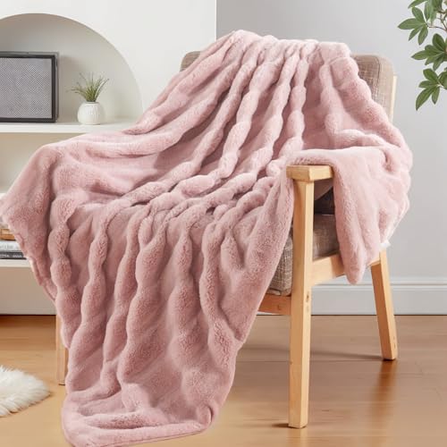 NEXHOME PRO Faux Fur Throw Blanket Pink Luxury Soft Decorative Cozy Plush Long Shaggy Fluffy Blanket for Sofa Couch Bed Living Room Reversible Puffy Thick Warm Blanket for Winter 50X60