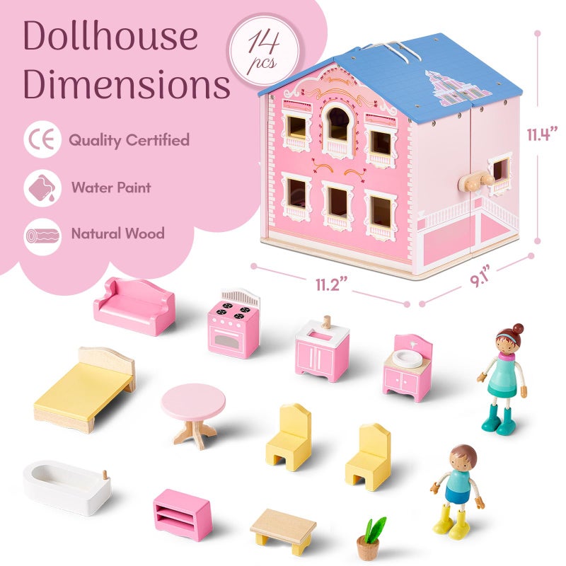 Giant bean Exquisite Pink Wooden Dollhouse for Girls with 2 Dolls and 12pcs Wooden Furniture,Foldable and Portable Pretend Play House Set with Handle, Christmas Birthday Gift for Girls Kids Age 3+ - Image 4
