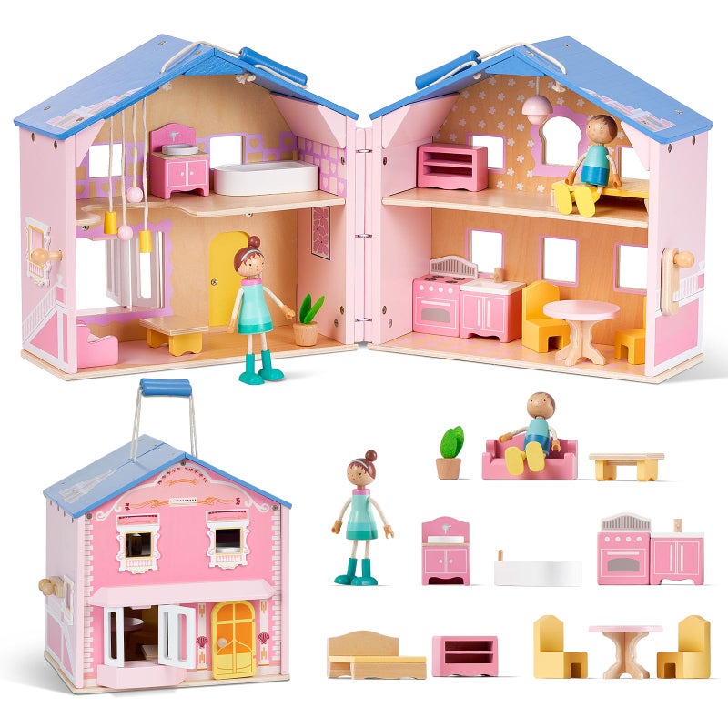 Giant bean Exquisite Pink Wooden Dollhouse for Girls with 2 Dolls and 12pcs Wooden Furniture,Foldable and Portable Pretend Play House Set with Handle, Christmas Birthday Gift for Girls Kids Age 3+ - Image 2