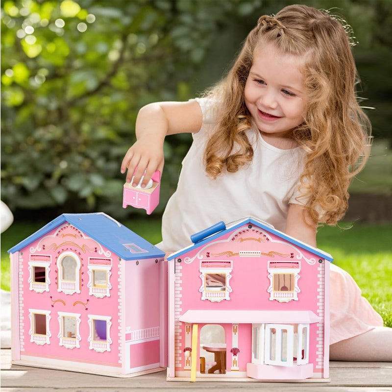 Giant bean Exquisite Pink Wooden Dollhouse for Girls with 2 Dolls and 12pcs Wooden Furniture,Foldable and Portable Pretend Play House Set with Handle, Christmas Birthday Gift for Girls Kids Age 3+ - Image 3