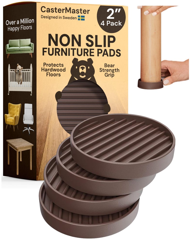 CasterMaster Non Slip Furniture Pads for Hardwood Floors  2x2 Brown Round Caster Cups Rubber Feet for Furniture Couch Stoppers to Prevent Sliding  Set of 4 Bed Stoppers Chair Leg Floor Protectors
