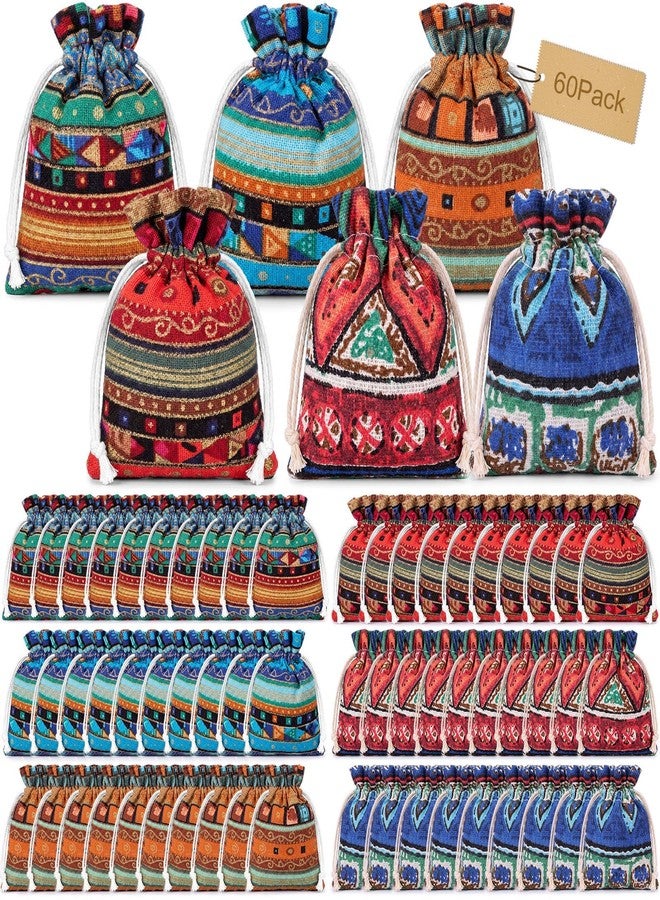 Wesnoy 60 Pack Egyptian Style Small Drawstring Gift Bag, 3.5 x 2.8'' Brocade Cotton Aztec Print Mini Jewelry Pouches Cloth Bags for Coins Candy Sachet Wedding Party Favors Accessories - Image 1