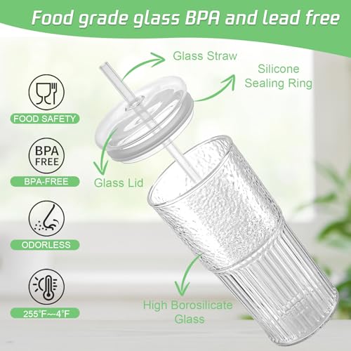 Luiaiog Glass Cups with Lids and Glass Straws, High Borosilicate 20OZ Tumblers (2Pcs) for Coffee, Tea, Juice, Smoothies, Hot/Cold Drinks at Home, Office - Image 3